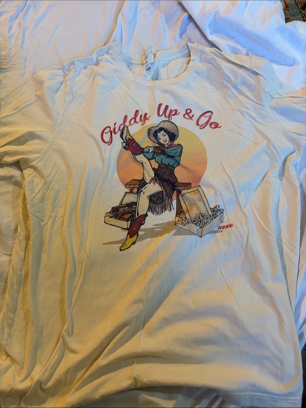 Bella Canvas White 'Giddy Up & Go' Retro Cowgirl Graphic Tee